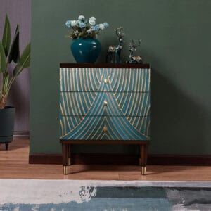 Classic blue gold 3-drawer chest with a sleek design and gold-painted accents.