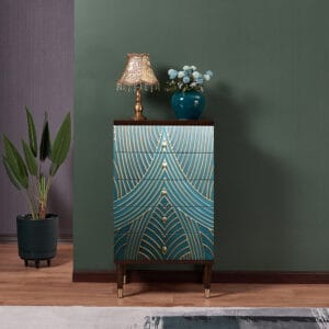 Stylish blue gold 5-drawer chest featuring a lacquer finish and elegant gold design.