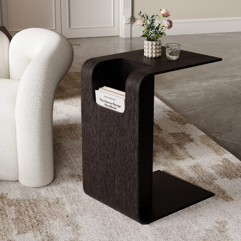 The Sicotas Collection 22 Sleek black oak wood end table featuring a built-in magazine rack for modern interiors.