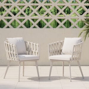 Stylish outdoor dining chairs set of 2 featuring weather-resistant aluminum and breathable rope.