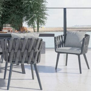 Stylish outdoor dining chairs set of 8 with weather-resistant aluminum frames and plush cushions.