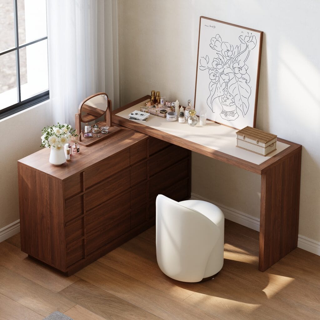Bedroom Furniture 37 Stylish extendable L-shaped makeup vanity with spacious storage and a rotating mirror.