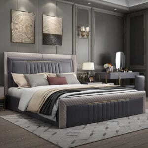 Modern gray upholstered wingback bed featuring a diamond-patterned faux leather design.