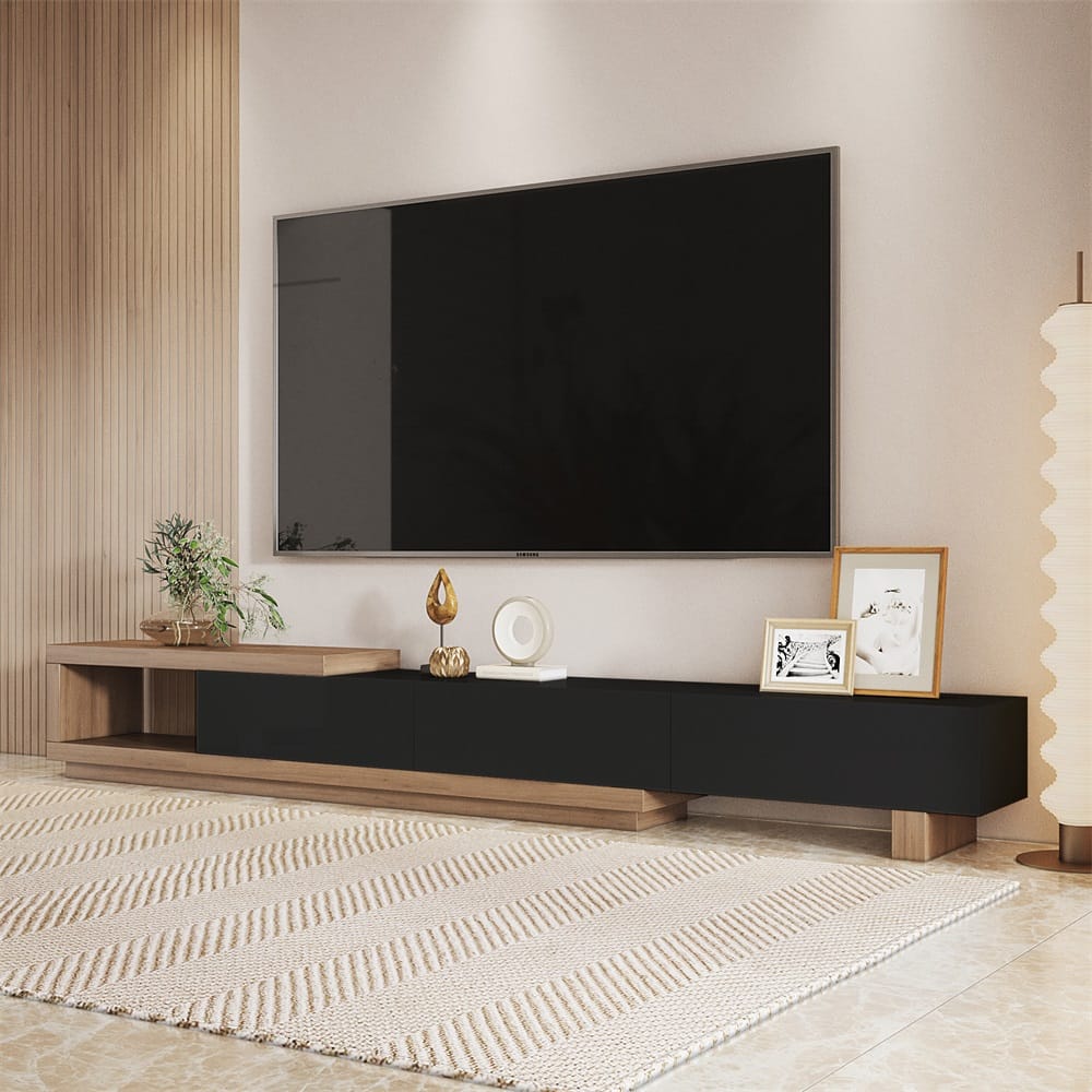 Living Room Furniture 18 Quoint Modern Black TV Stand adapts to any space with flexible, configurable design.