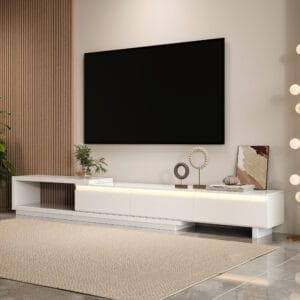 Quoint modern tv stand white adapts to any space, offering flexible cabinet positioning.