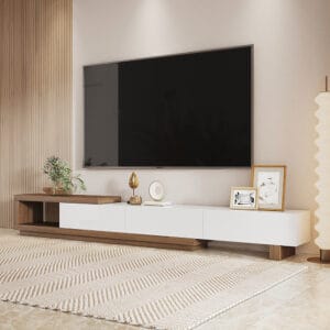 Modern TV stand walnut that adapts to any space with configurable cabinets.