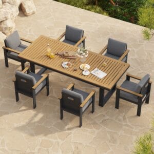 7-Piece Rectangle Wood & Aluminum Patio Dining Set featuring a teak wood patio dining set and weather-resistant chairs.
