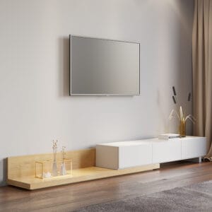 Contemporary extendable TV stand designed for versatile living room layouts and ample storage.