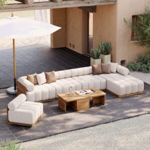 Luxurious teak outdoor sectional sofa set with deep cushions and modular design.