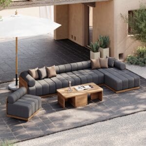 Luxurious teak outdoor sectional sofa with deep cushions for ultimate comfort and style.