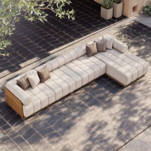 Resaro teak outdoor sectional set designed for luxurious patio lounging and entertaining.
