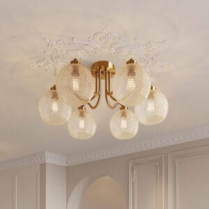Retro gold chandelier featuring clear glass globe shades and durable metal construction.