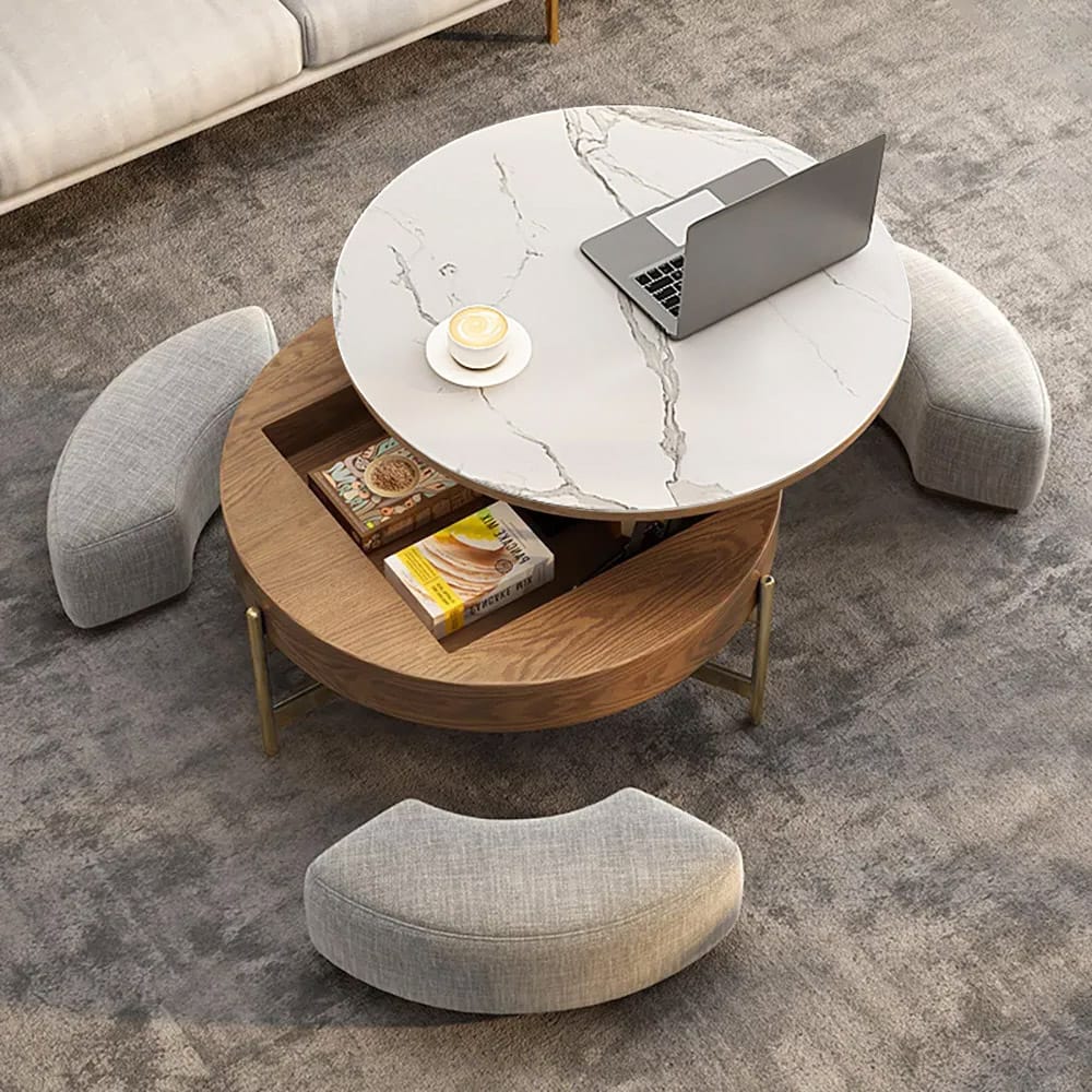 Round Lift-Top Coffee Table - Luxurious White & Walnut 1 32" round lift top coffee table with a tempered glass surface and smooth lift mechanism.