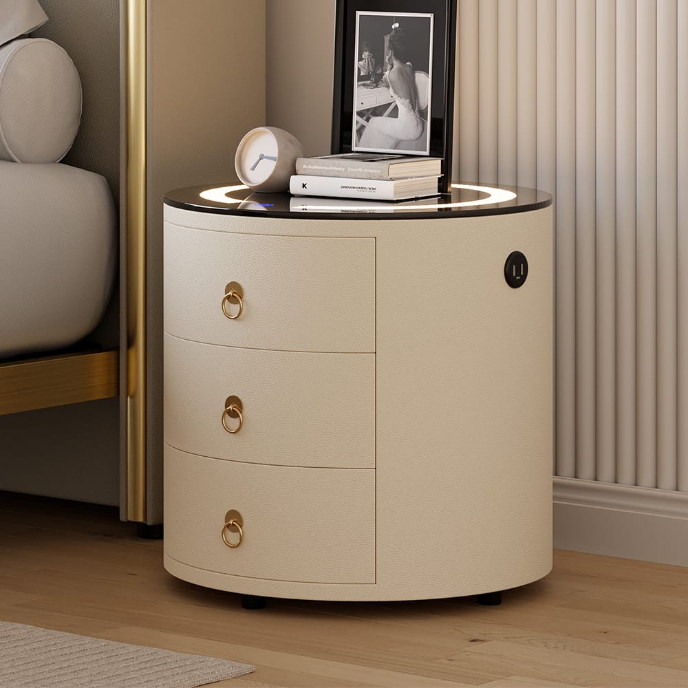 Bedroom Furniture 2 Luxurious modern bedside table with charging features a glass top and Bluetooth speaker.