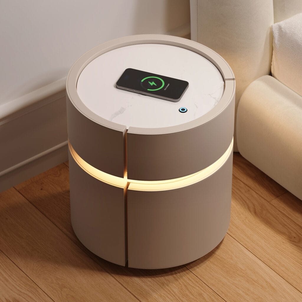 Round leather nightstand with wireless charging featuring premium saddle leather and ambient lighting.