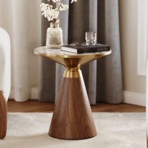 20" round walnut end table with heat-resistant sintered stone top and weighted base.