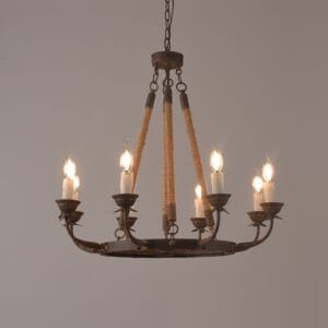 Bold rustic chandelier with hemp featuring thick rope detailing and a rust finished ring.