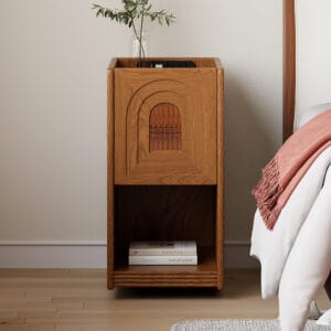 Natural rubber wood narrow bedside table with USB port featuring built-in charging and LED lighting.