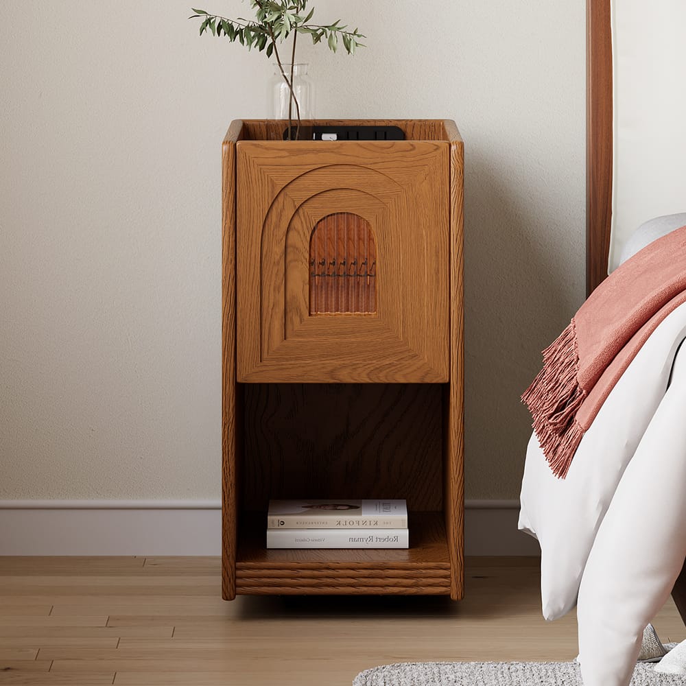 Natural rubber wood narrow bedside table with USB port featuring built-in charging and LED lighting.