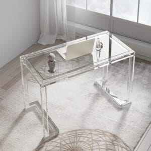 Sleek modern glass office desk featuring a tempered glass top and acrylic base.