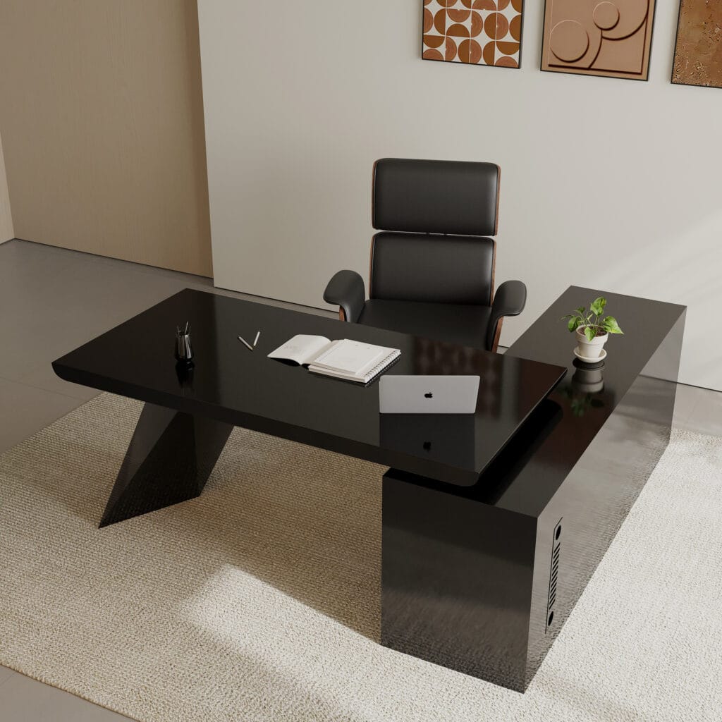 The Sicotas Collection 70 Modern black l-shape executive desk with chair featuring faux leather and walnut accents.
