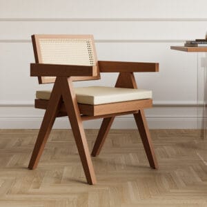 Stylish Archic Japandi rattan dining chairs featuring a solid wood frame and foam cushions.