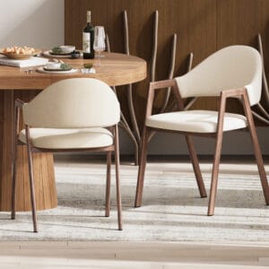 Comfortable linen dining chairs with padded seats and curved backs for family gatherings.
