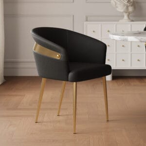 Comfortable modern black dining chair with curved back, armrests, and easy-clean PU leather.