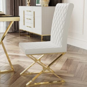 Elegant Dochic modern dining chairs white upholstered in soft PU leather.