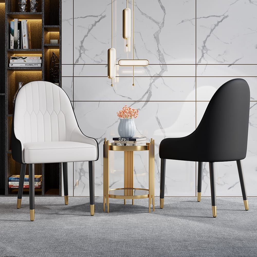 Curved full-back modern dining chairs with foam-cushioned seats and solid ash wood legs.