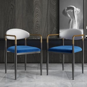 Stylish modern dining chairs set featuring PU leather backrest and plush velvet cushion.