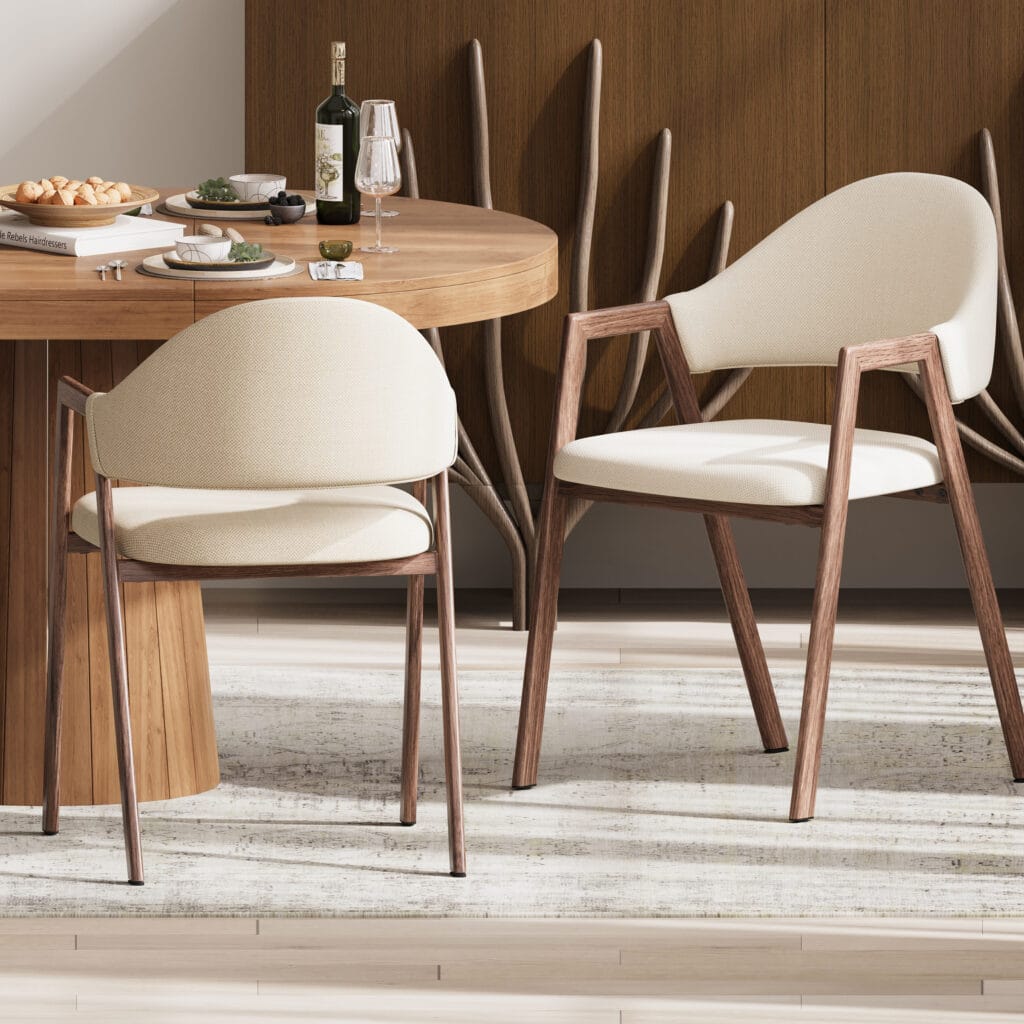Comfortable dining chairs upholstered modern with padded seats and curved backs for support.