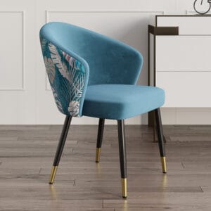 Comfortable blue velvet dining chairs with ergonomic design and sturdy black and gold legs.