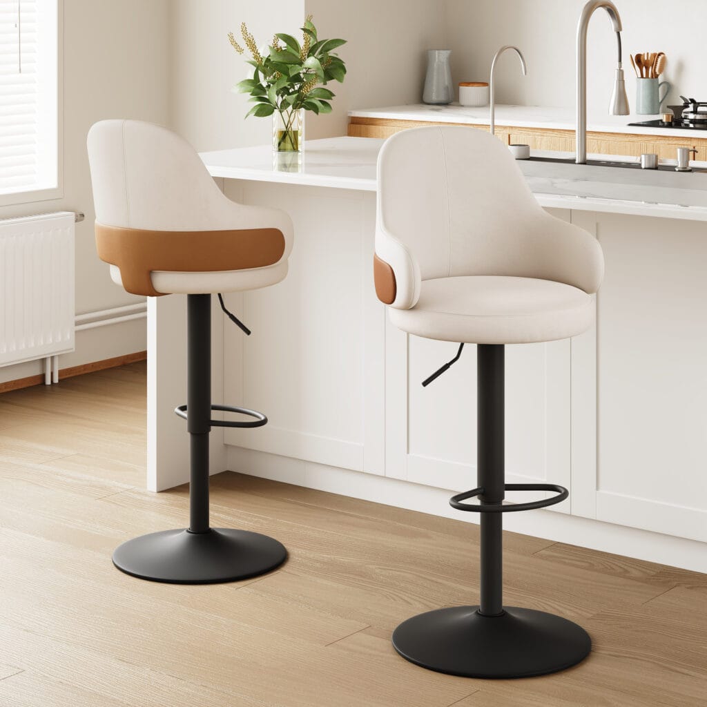 Modern velvet swivel bar stool white velvet with adjustable height and curved back for comfort.