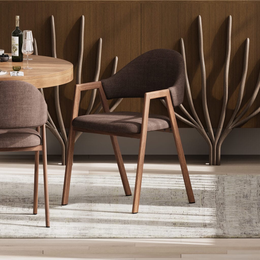 Comfortable fabric dining chair from a linen dining chair set with padded seat and curved back.