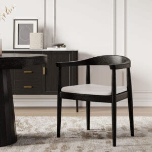 Comfortable modern curved back dining chair with slat design and solid ash wood frame.