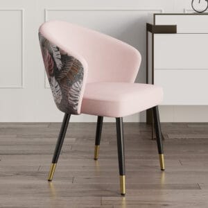 Stylish velvet dining chairs pink with cushioned seats and sturdy black and gold metal legs.