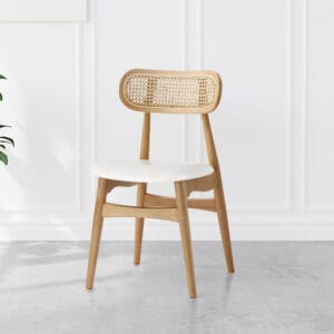 Comfortable Japandi Dining Chairs feature faux leather upholstery and a supportive ash wood frame.