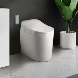 Floor-mounted compact smart toilet bidet features heated seat and automatic flush for hygiene.
