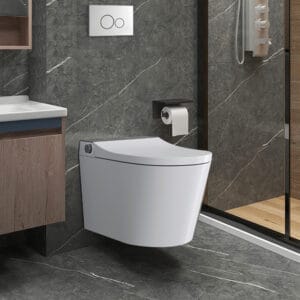 Sculpted smart toilet with in-wall tank featuring remote control for hands-free operation.