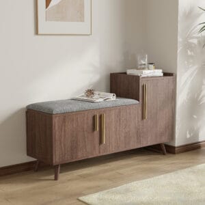 Elegant entryway bench with right-side cabinet and cushion, perfect as a black walnut shoe storage bench.