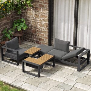 Modular outdoor sofa set featuring weatherproof aluminum and acacia wood construction.