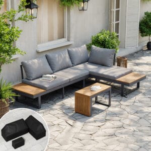 Versatile outdoor modular sofa set featuring warm acacia accents and durable aluminum frame.