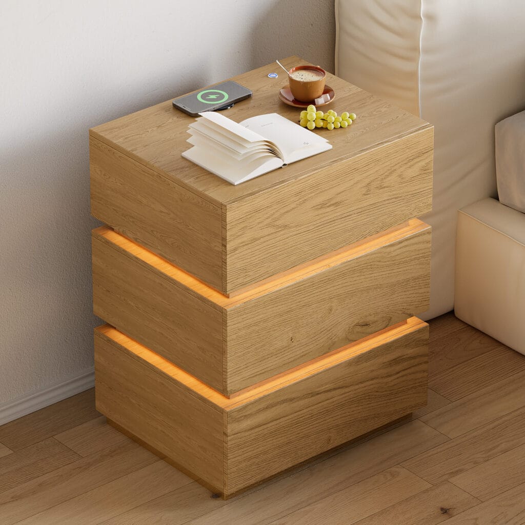 Lumio nightstand features a soft glow and functions as a modern nightstand with charging.