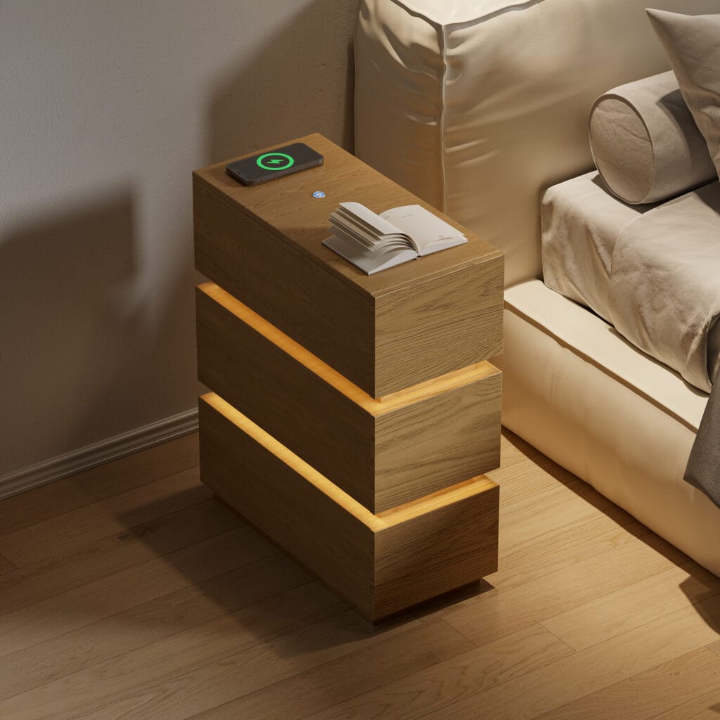 Lumio narrow nightstand with wireless charging features a compact design for modern bedrooms.