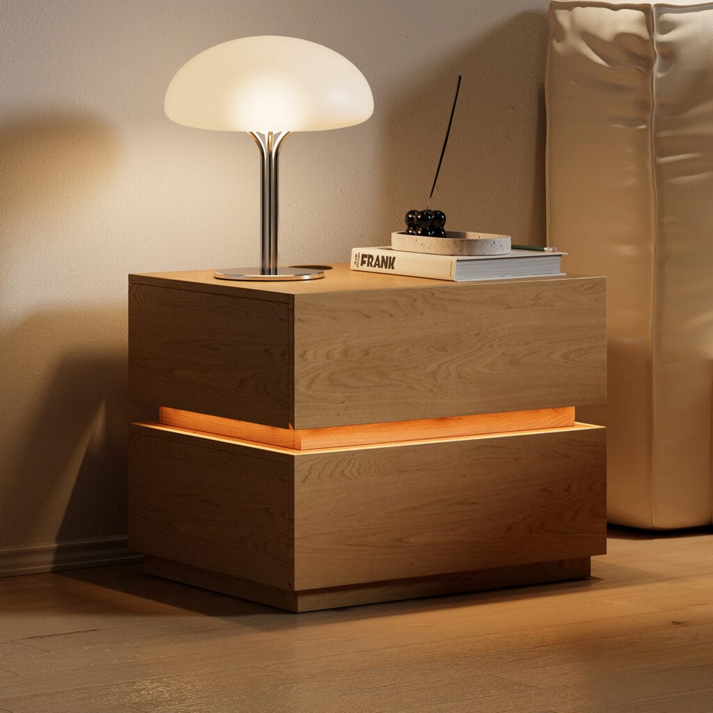 Softly illuminated modern nightstand with wireless charging, ideal for organizing bedside essentials.