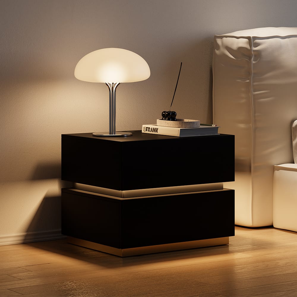 Lumio nightstand is a modern bedside table with wireless charging and soft illumination.