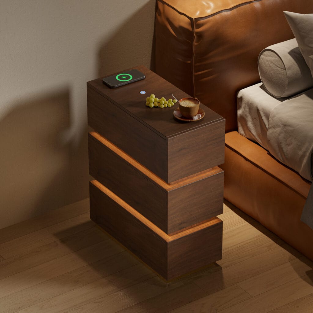 Lumio narrow nightstand with a soft glow, a smart led nightstand with wireless charging.
