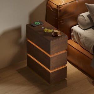 Lumio narrow nightstand with a soft glow, a smart led nightstand with wireless charging.