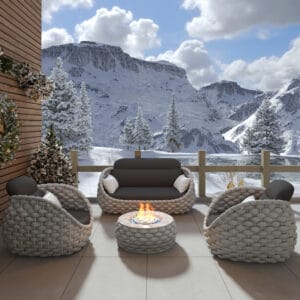 Cozy outdoor fire pit table set featuring a smokeless propane table and comfortable seating.